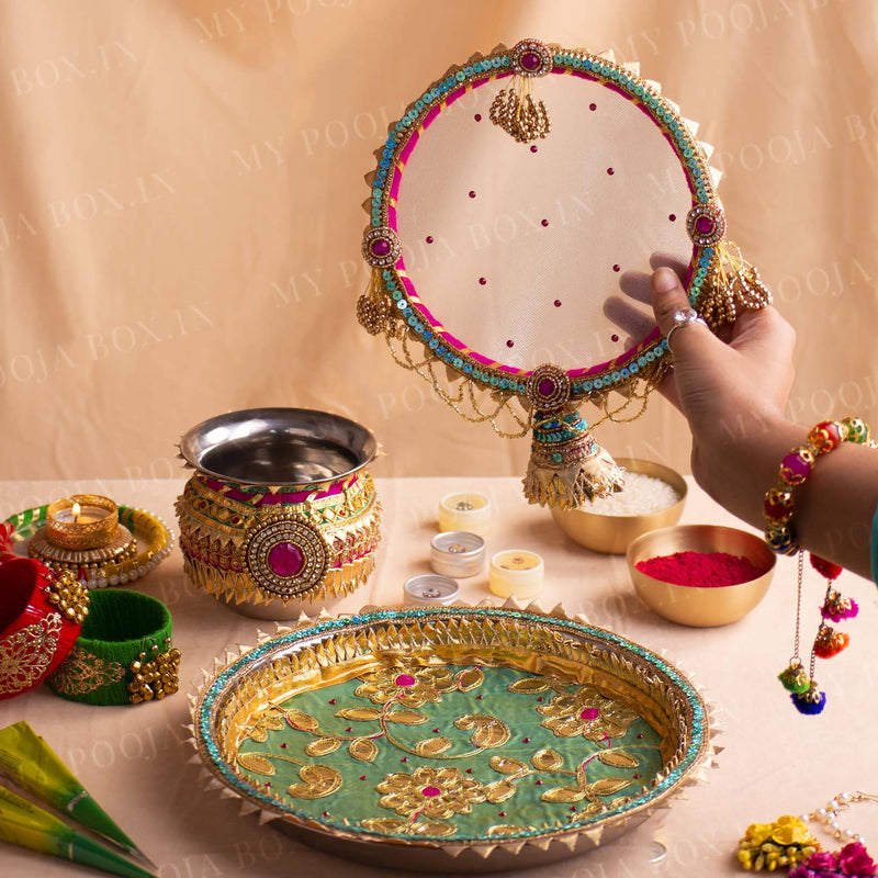 Inaayat Karwa Chauth Thali Set (Blue & Pink)