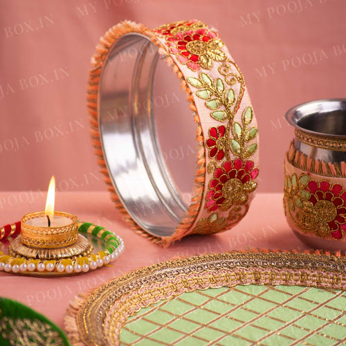 Begonia Karwa Chauth Thali Set (Mint & Peach)