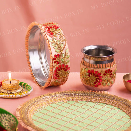 Begonia Karwa Chauth Thali Set (Mint & Peach)