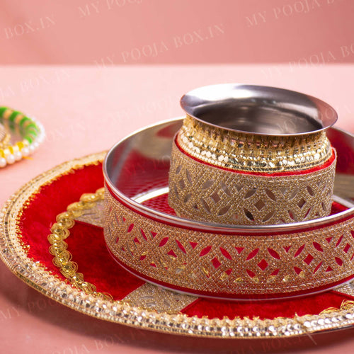 Red Mirrored Karwa Chauth Thali Set