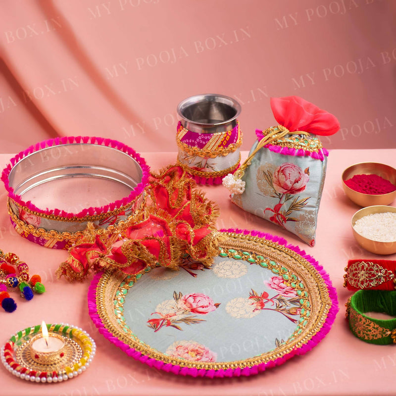 Blooming Peonies Floral Karwa Chauth Thali Set