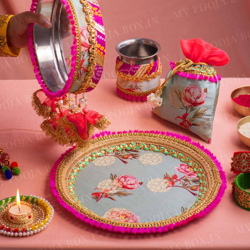 Blooming Peonies Floral Karwa Chauth Thali Set