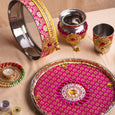 Brocade Pink & Yellow Karwa Chauth Thali Set