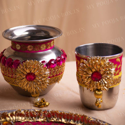 Brocade Pink & Yellow Karwa Chauth Thali Set