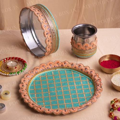 Dazzling Blue & Peach Karwa Chauth Thali Set