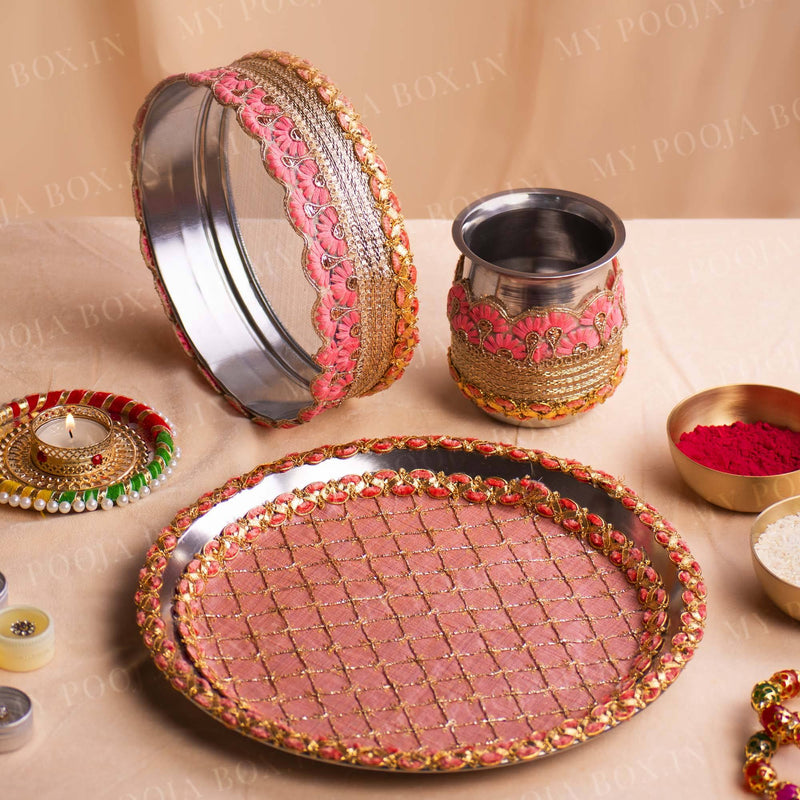 Phenomenal Pink & Peach Karwa Chauth Thali Set