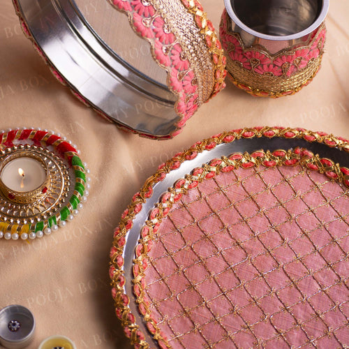 Phenomenal Pink & Peach Karwa Chauth Thali Set