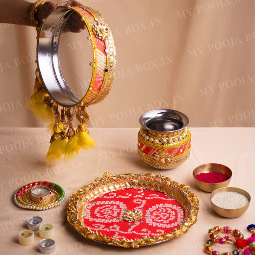 Peach & Yellow Bandhani Karwa Chauth Thali Set