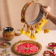 Peach & Yellow Bandhani Karwa Chauth Thali Set