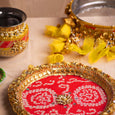 Peach & Yellow Bandhani Karwa Chauth Thali Set