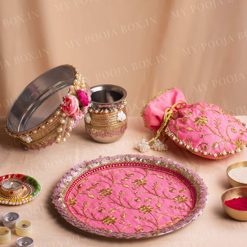 Floral Pink Bridal Karwa Chauth Thali Set