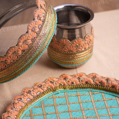 Dazzling Blue & Peach Karwa Chauth Thali Set