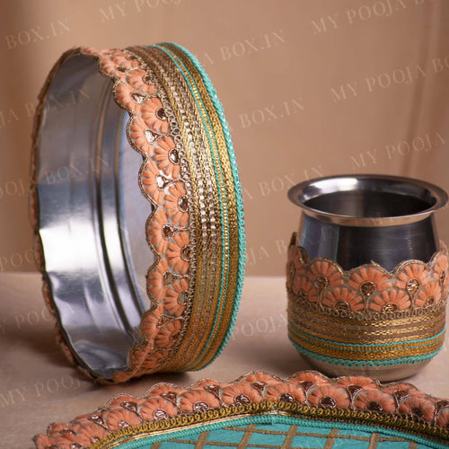 Dazzling Blue & Peach Karwa Chauth Thali Set