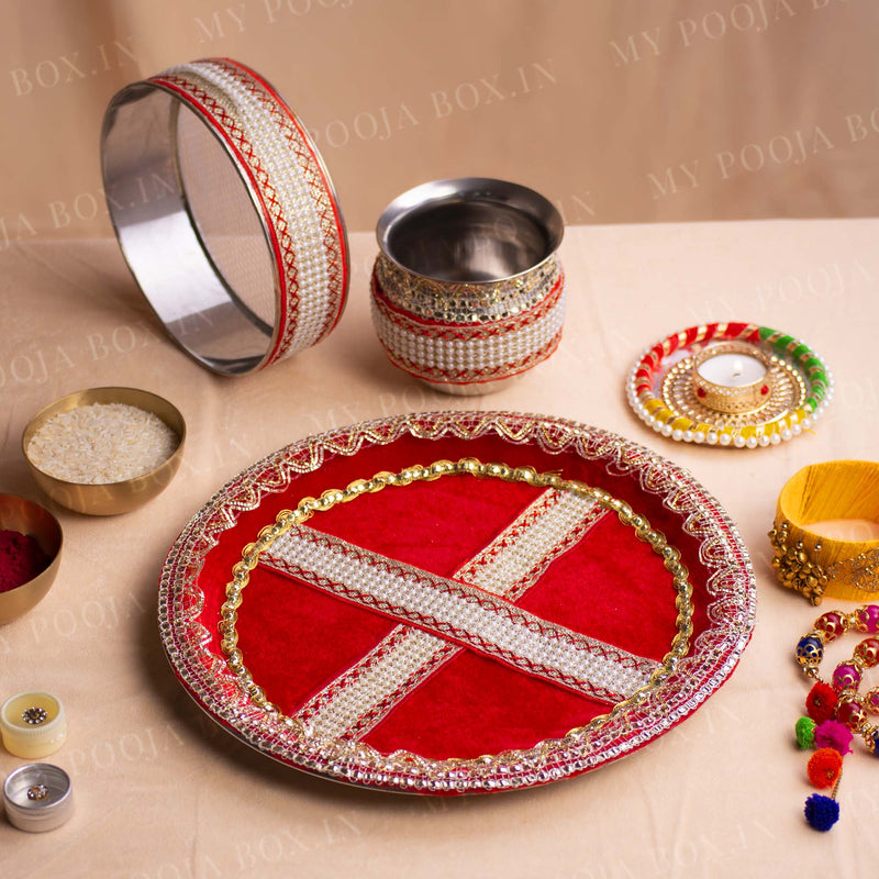 Red Pearl Karwa Chauth Thali Set