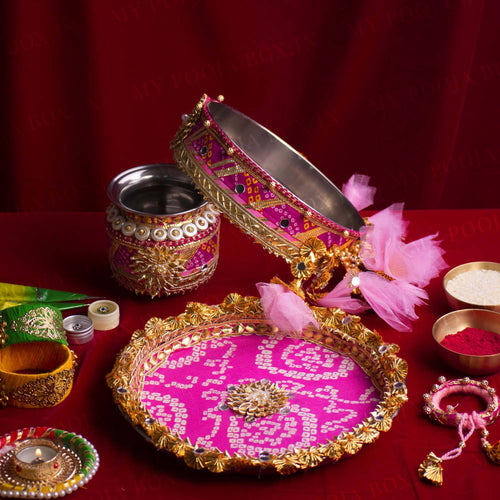 Light Pink & Rani Gota Karwa Chauth Thali Set