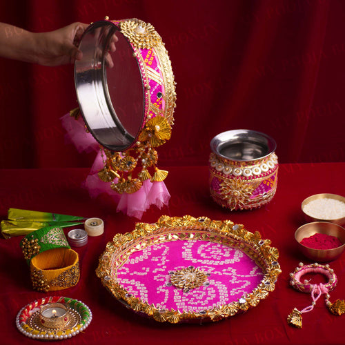 Light Pink & Rani Gota Karwa Chauth Thali Set