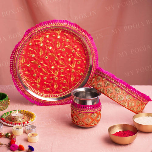 Radiant Rani & Orange Karwa Chauth Thali Set