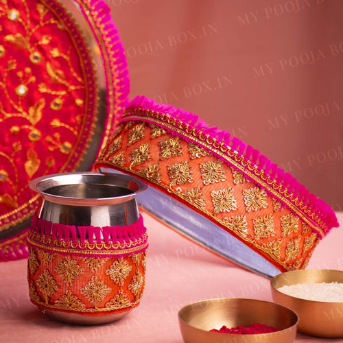 Radiant Rani & Orange Karwa Chauth Thali Set