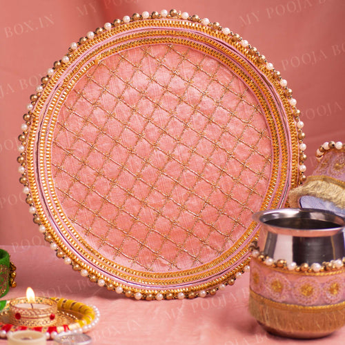 Classy Peach Beaded Karwa Chauth Thali Set