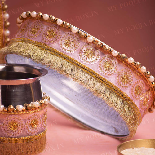 Classy Peach Beaded Karwa Chauth Thali Set