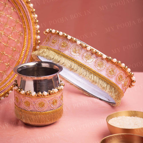 Classy Peach Beaded Karwa Chauth Thali Set