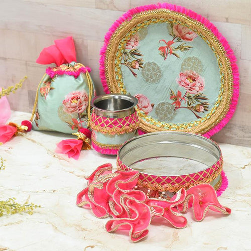 Blooming Peonies Floral Karwa Chauth Thali Set