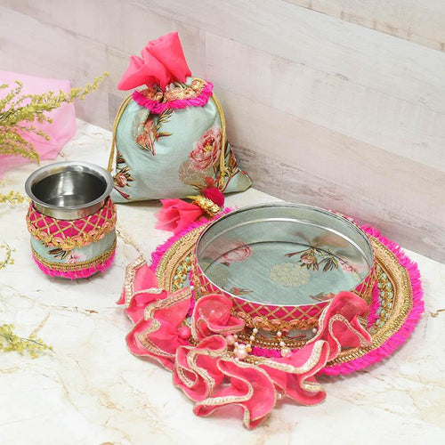 Blooming Peonies Floral Karwa Chauth Thali Set