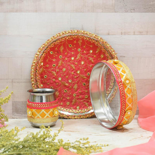 Peach & Yellow Glimmer Karwa Chauth Thali Set