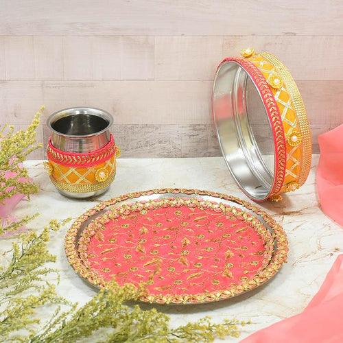 Peach & Yellow Glimmer Karwa Chauth Thali Set