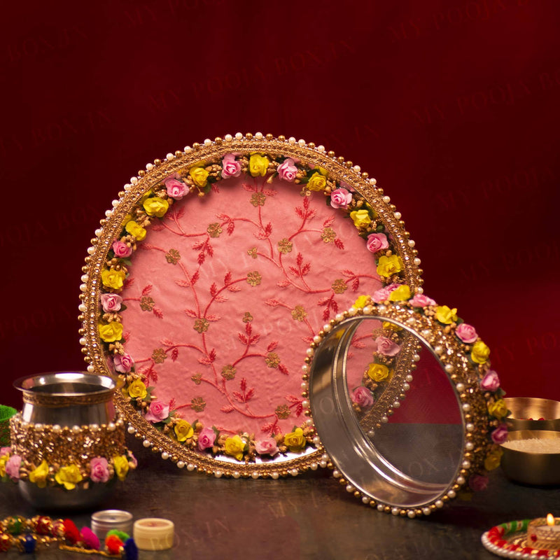 Daffodil Pink & Yellow Karwa Chauth Thali Set