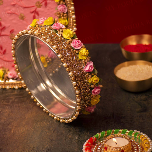 Daffodil Pink & Yellow Karwa Chauth Thali Set