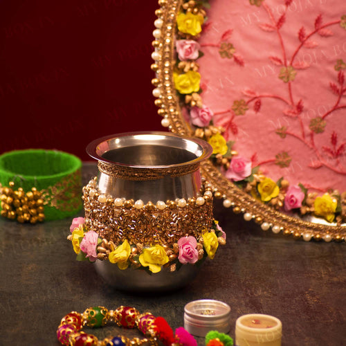 Daffodil Pink & Yellow Karwa Chauth Thali Set