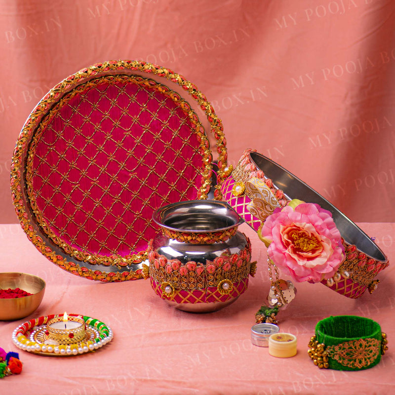 Blush Pink Floral Karwa Chauth Thali Set