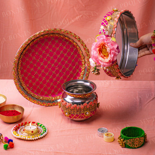 Blush Pink Floral Karwa Chauth Thali Set