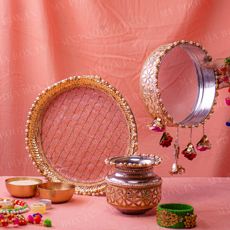 Pretty Rose Pink Karwa Chauth Thali Set