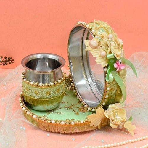 Gorgeous Green Floral Beaded Karwa Chauth Thali Set