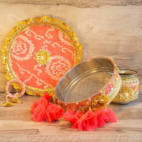 Mint & Peach Jaipuri Karwa Chauth Thali Set