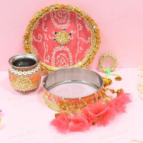 Mint & Peach Jaipuri Karwa Chauth Thali Set