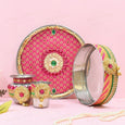 Pink Floral Gotta Patti Karwa Chauth Thali Set