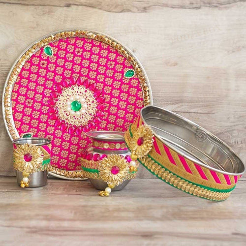 Pink Floral Gotta Patti Karwa Chauth Thali Set