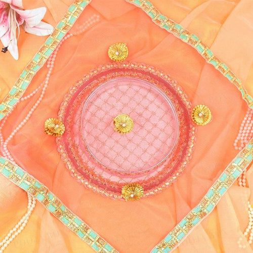 Pretty Peach Thali Cover Karwa Chauth