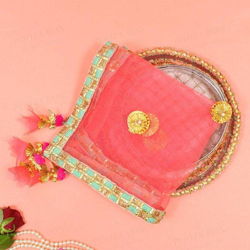 Pretty Peach Thali Cover Karwa Chauth