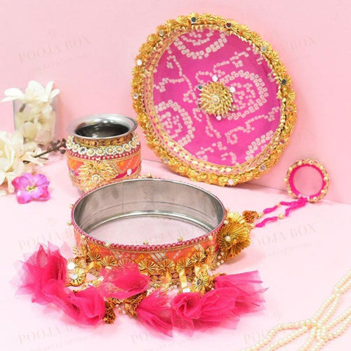 Rani & Peach Jaipuri Karwa Chauth Thali Set