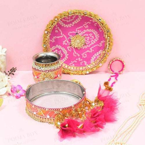 Rani & Peach Jaipuri Karwa Chauth Thali Set