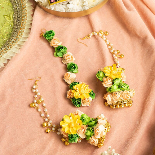 Buy Floral Yellow Green Earring Maang Tikka Set Online in India
