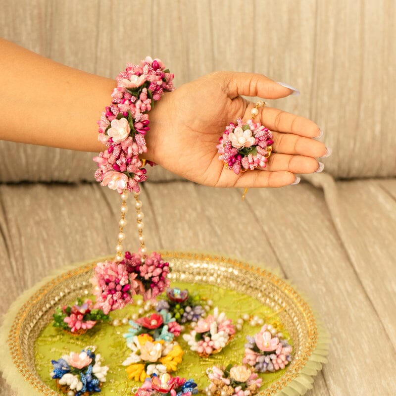 Floral Fuchsia Pink Haath Phool Bracelet & Maang Tikka Set