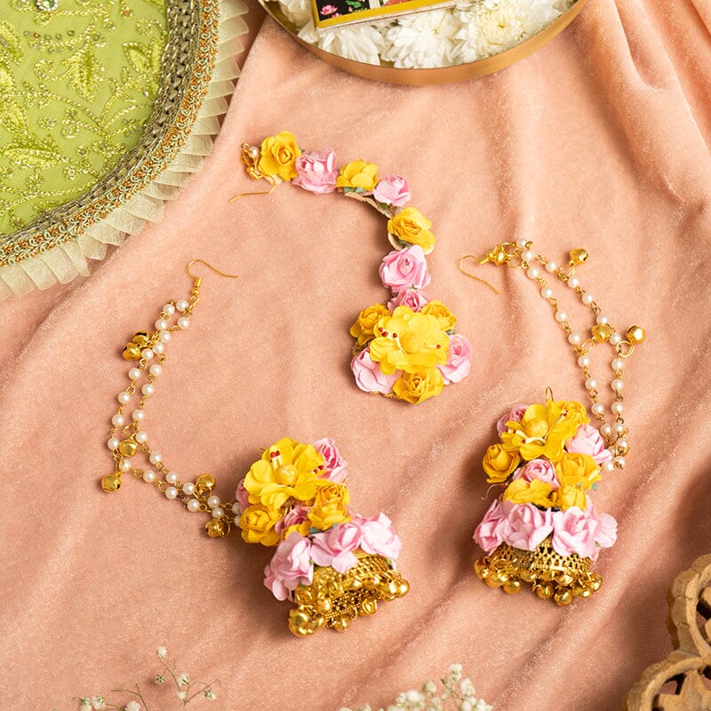 Floral Yellow Pink Earring & Maang Tikka Set
