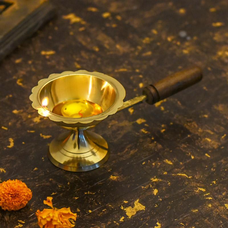 Scalloped Brass Diya with Wooden Handle