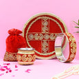 Vibrant Red Golden Embroidery Karwa Chauth Thali set With Potli