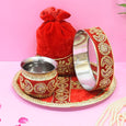 Vibrant Red Golden Embroidery Karwa Chauth Thali set With Potli